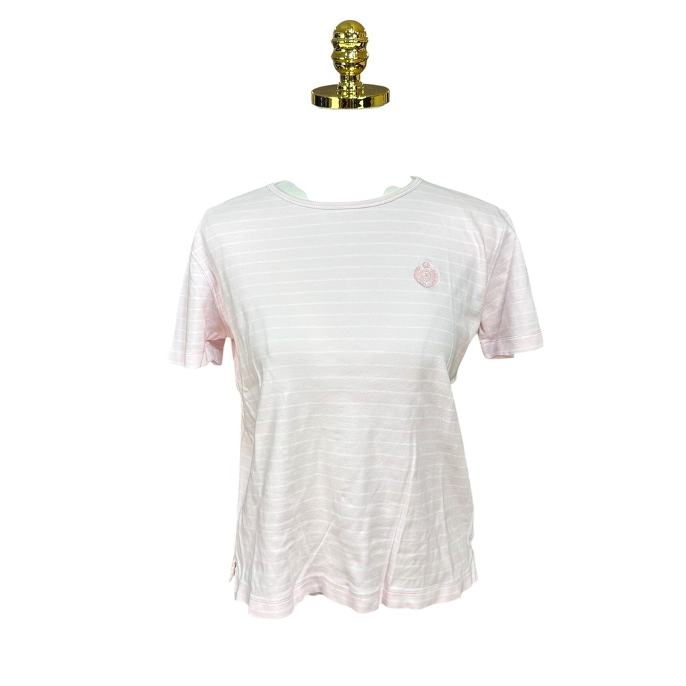 Vintage Liz Claiborne Pink White Stripe Short Sleeve Crest Logo T-Shirt Women S